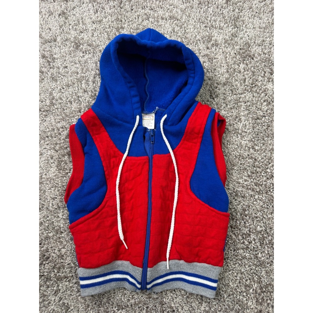 Vintage Dougies Sleeveless Hoodie Vest Size 4 Colorblock Red Blue Quilted Zip Up